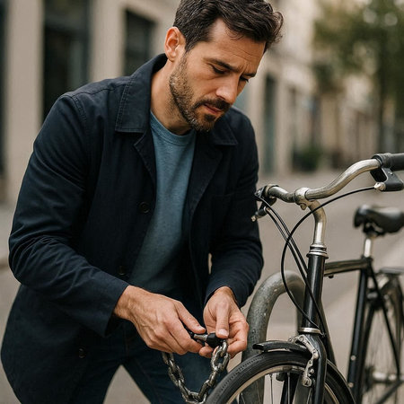 Handsome young man in casual clothes is fixing his bicycle on the street.