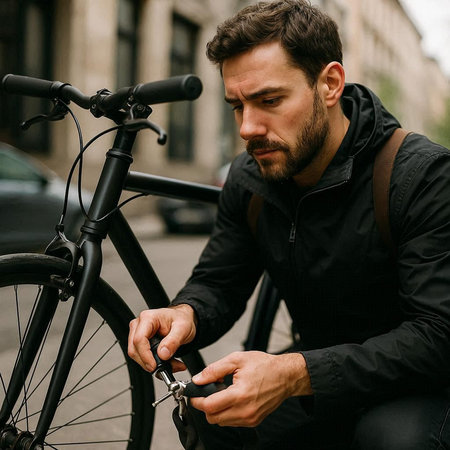Portrait of a handsome bearded man in a black jacket with a bicycle on the street.