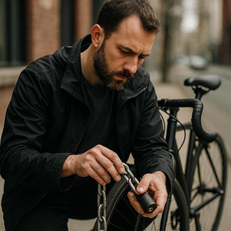 Close up portrait of a handsome bearded man in a black jacket on the street with a bicycle.の写真素材