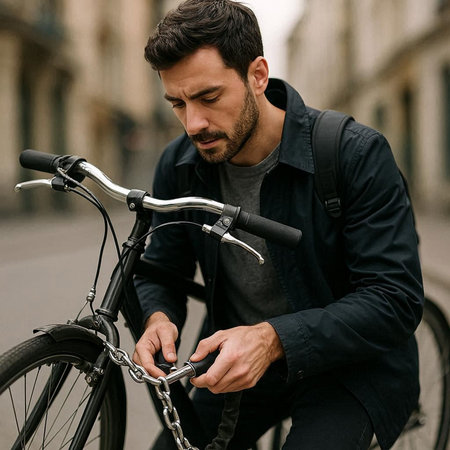 Man with bicycle. Handsome young man in casual wear holding bicycle and smiling while standing...