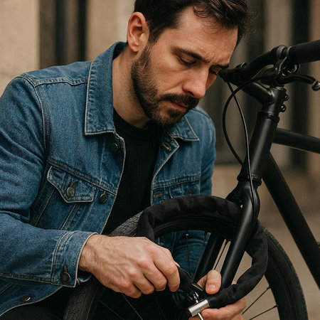 Handsome bearded man in jeans jacket fixing his bicycle wheel.