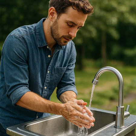 Handsome young man washing his hands in the kitchen sink outdoorsの写真素材