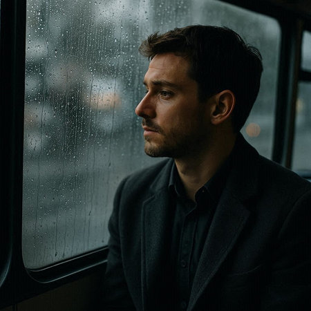 Handsome man in black coat looking through the window of a train