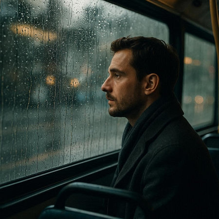 Handsome young man in a coat looks out the window of a bus