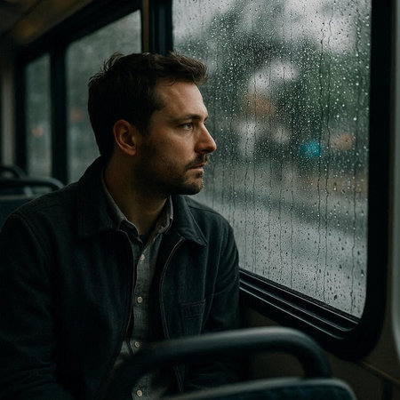 Portrait of a young man in a bus. Rainy day.