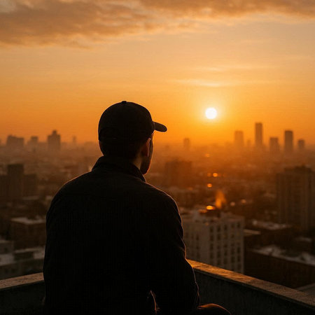 Silhouette of a man looking at the sunset over the cityの写真素材