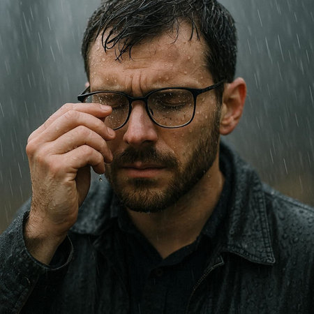 Portrait of a bearded man with glasses under the rain in the rain.
