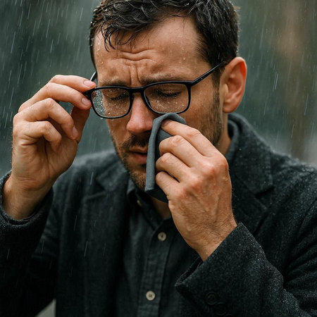 portrait of a man with glasses in the rain on a rainy day