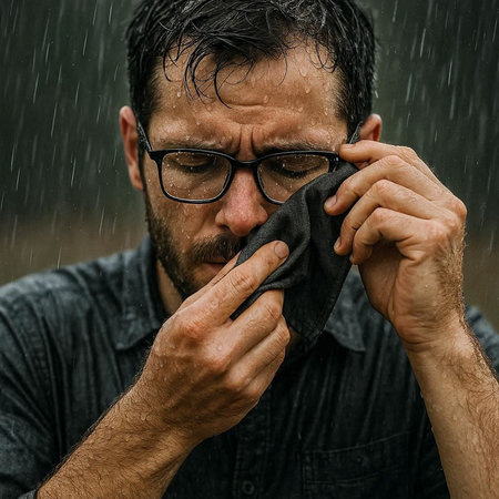 Portrait of a man with a beard and mustache in the rain
