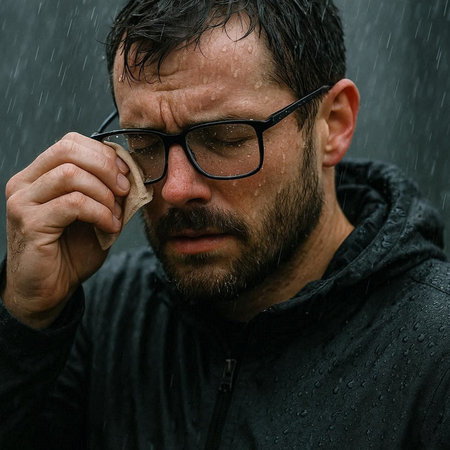 Portrait of a man with a beard and glasses in the rainの写真素材