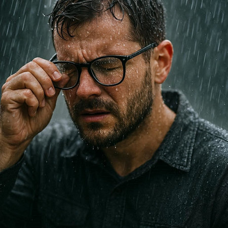 portrait of a bearded man with glasses under the rain in the rain