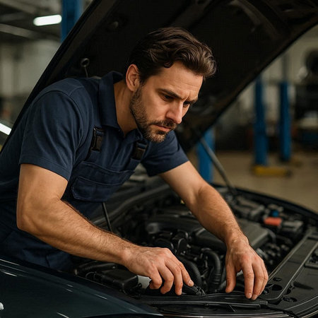 Handsome mechanic repairing a car in auto repair shop. Car service.