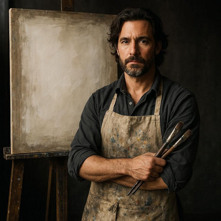 Portrait of a handsome male artist with a beard and mustache in a black apron holding a paintbrush...
