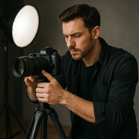 Handsome male photographer holding professional camera and looking at it while standing against grey...