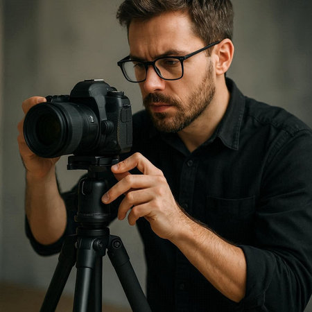 Professional photographer with camera. Handsome young man in eyeglasses holding professional camera...