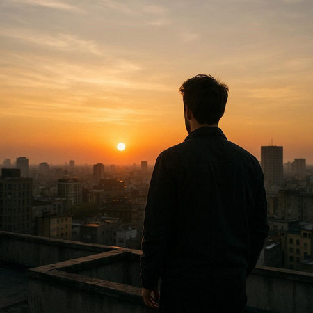 Silhouette of a man looking at sunset over the city.