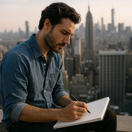 Handsome man writing in a notebook while sitting on a rooftop in New York City