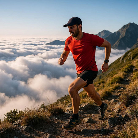 Athletic man running on a mountain trail in the clouds