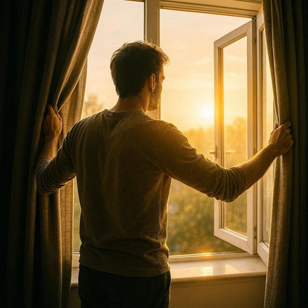 Young man opening window curtains and looking out the window at sunset.