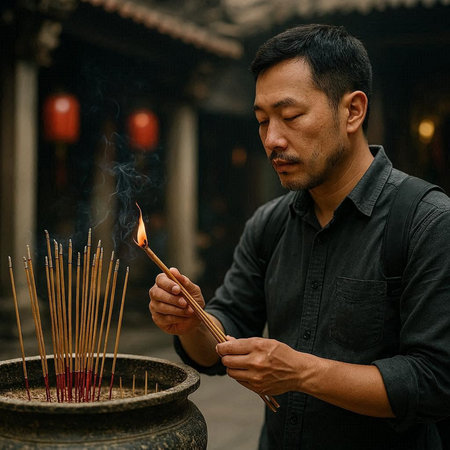 Portrait of Asian man lighting incense sticks in Chinese temple.