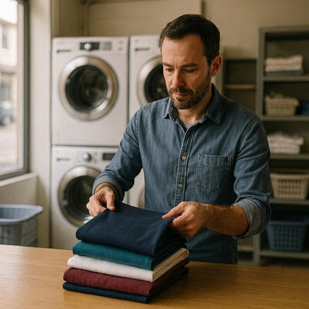 Handsome middle-aged man looking at stack of towels in laundry room