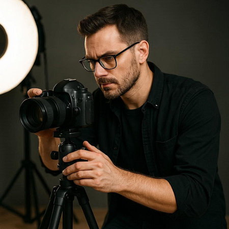 Portrait of a handsome young man in eyeglasses holding a professional camera while standing against...