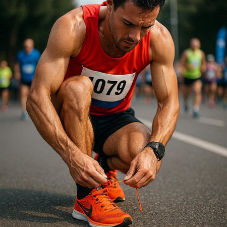 Runner tying shoelaces on his running shoes before a run.