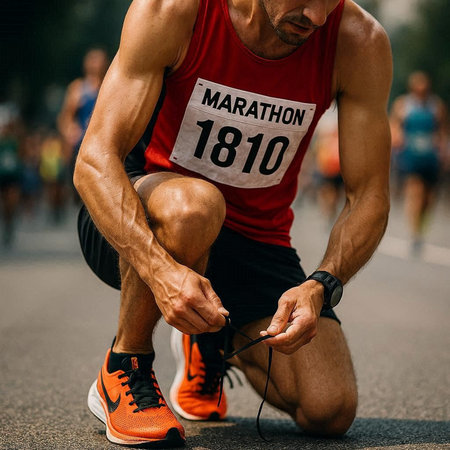 Marathon runner tying shoelace on wristwatch. Closeup of man running on road.