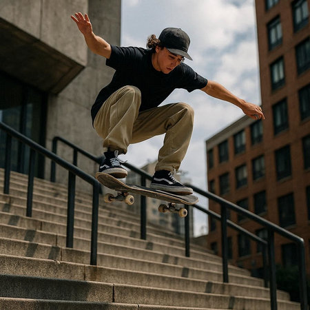 Skateboarder doing a trick on the stairs in the city.