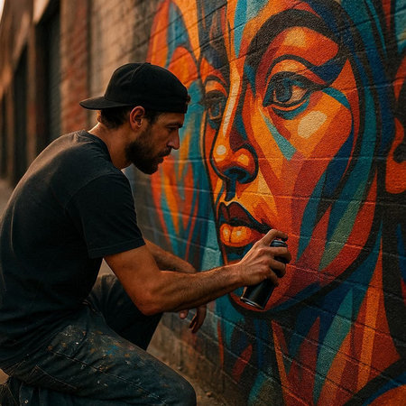 Street artist painting a graffiti on the wall of a building. Street art concept.