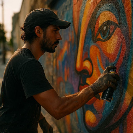 Portrait of a graffiti artist with spray paint on the street.