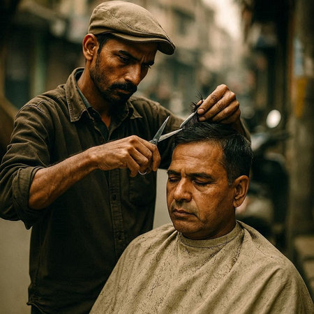 View of a unknowns Nepali man visiting a barber shop in Kathmandu in the morningの写真素材