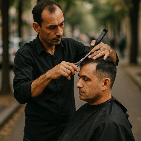 Barber cuts a man's hair in a barbershop.