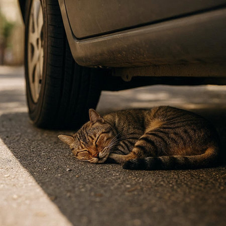 Homeless tabby cat sleeping under the car on the street.の写真素材