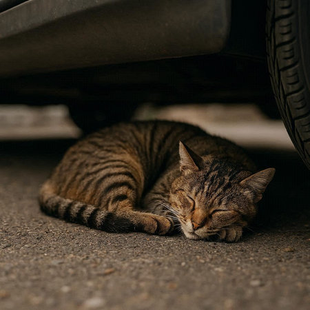Cute cat sleeping under car on the road. Animal concept.の写真素材