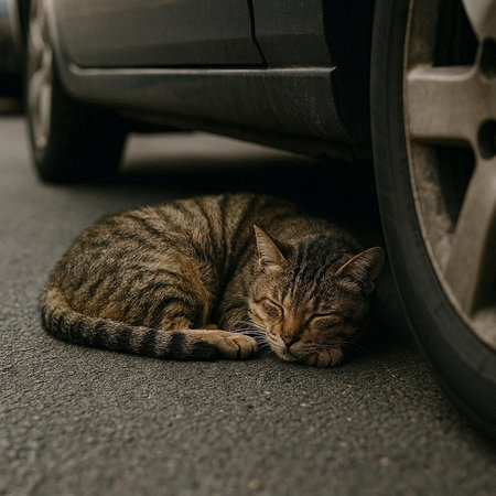 Cute tabby cat sleeping under the car on the road.