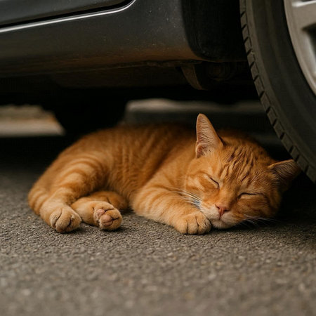 Cute ginger cat sleeping under the car on the road. Shallow depth of field