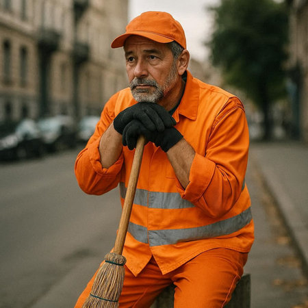 Portrait of an old man in orange overalls with a broomの写真素材