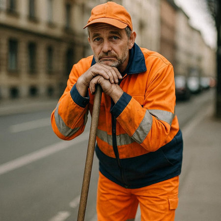 Elderly man in orange overalls with a cane on the streetの写真素材