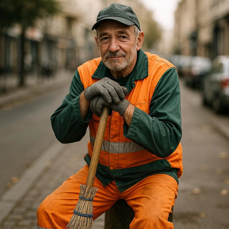 Portrait of an elderly man cleaning the streets of the city.の写真素材