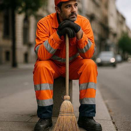Sad man in overalls sitting on the street and holding a broom