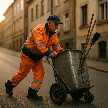 Worker with a wheelbarrow in the city. A man in an orange overalls and a cap works on the street.