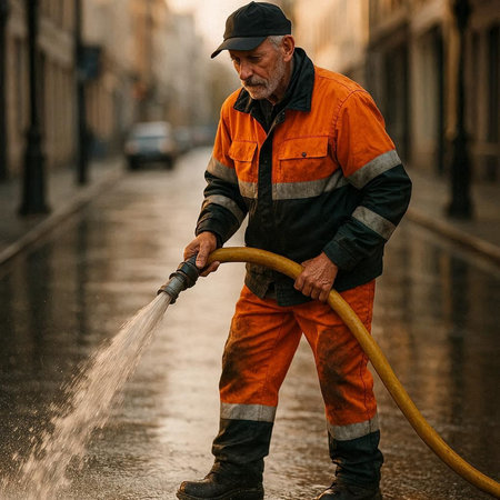 Worker cleaning street with a water hose and sprayer in the city