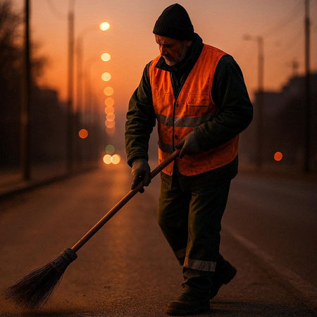 A worker cleans the street with a broom in the early morning.
