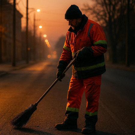 A man with a broom cleans the street in the early morning.の写真素材