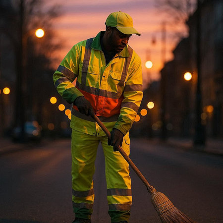Young black male janitor sweeping the street with a broom at night