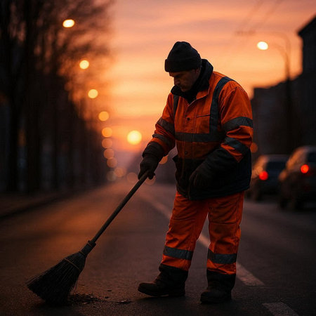 Worker cleans the road with a broom in the city at sunsetの写真素材
