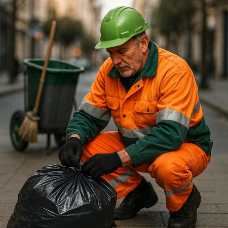 Elderly man cleaning the street with a garbage bag in the cityの写真素材