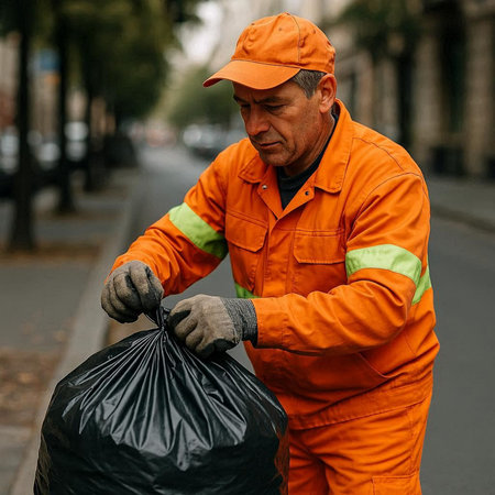 Mature man in orange overalls and cap cleaning street with garbage bag