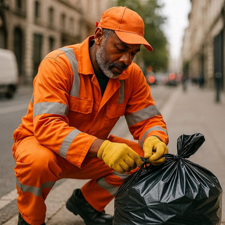 Portrait of an African-American male worker cleaning the streets of the city.